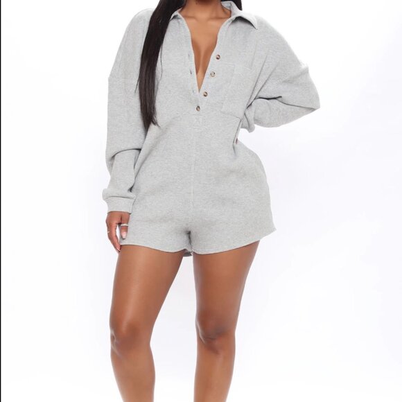 Fashion Nova Chilled Out Oversized Romper in Grey - Picture 2 of 15